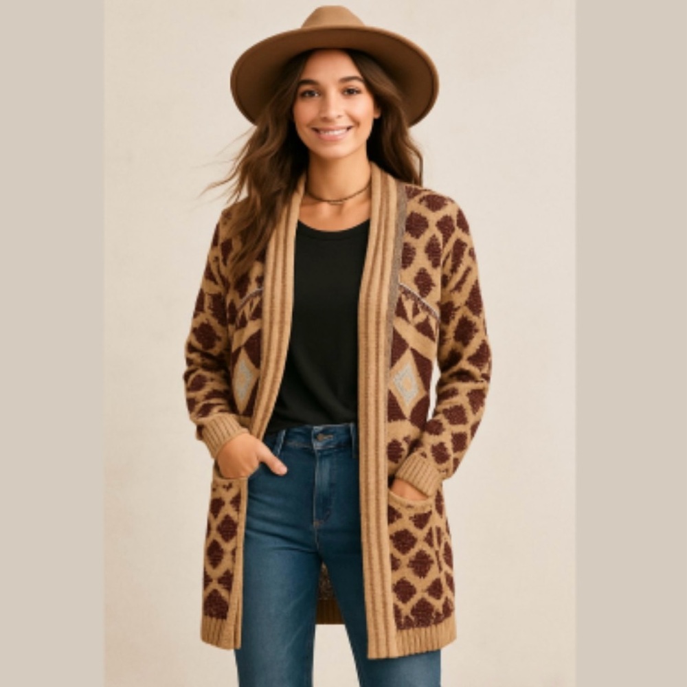 ENTRO Aztec Print Boho Tan Long Cardigan Sweater size Medium